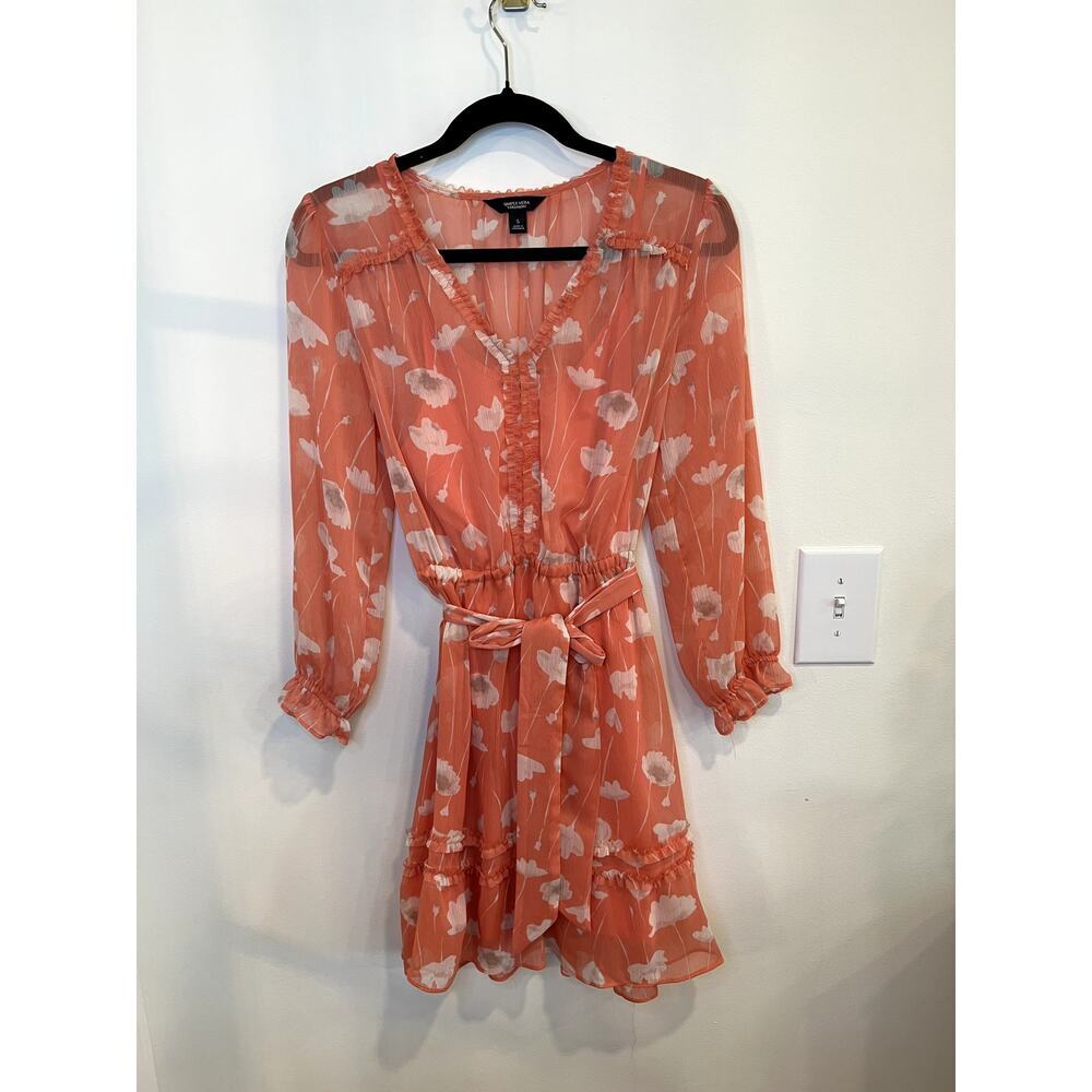 Simply Vera Wang Coral Floral Chiffon Dress Small Boho Ruffle Mini Spring Summer